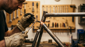 Мастер сваривает стальную раму велосипеда в мастерской - традиционный процесс изготовления рам из стали
